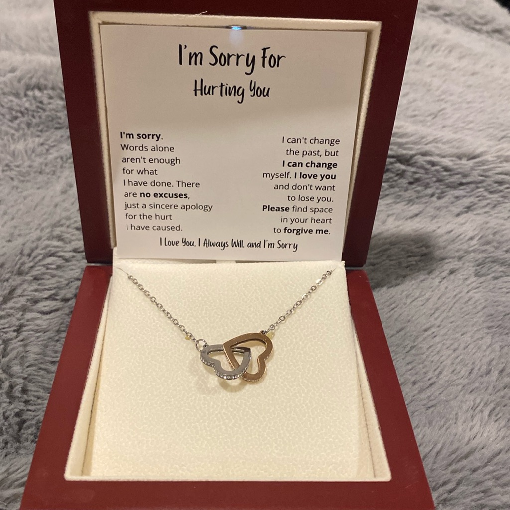 “I’m Sorry For Hurting You” Interlocking Hearts Necklace Apology -Red Flag